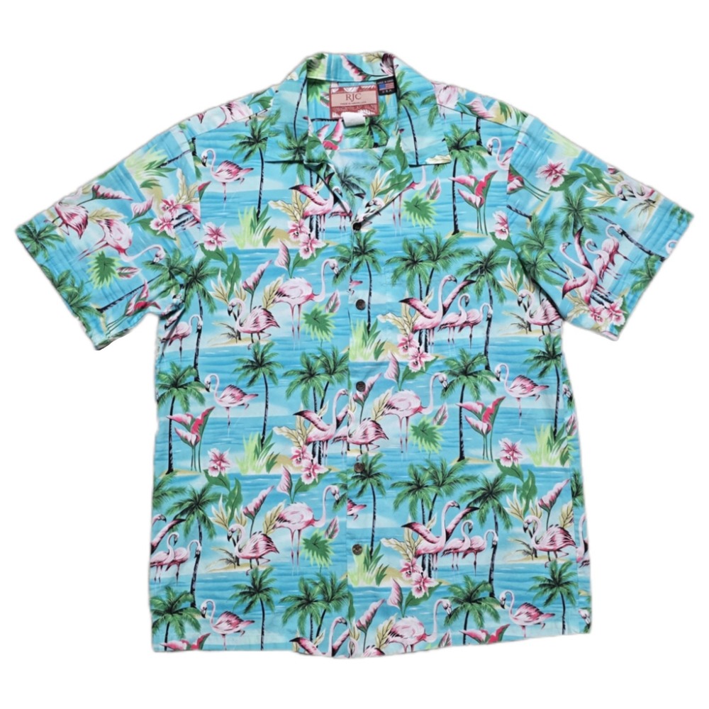 Vintage RJC Hawaiian Tropical Flamingos Shirt Mens M Palm Trees USA